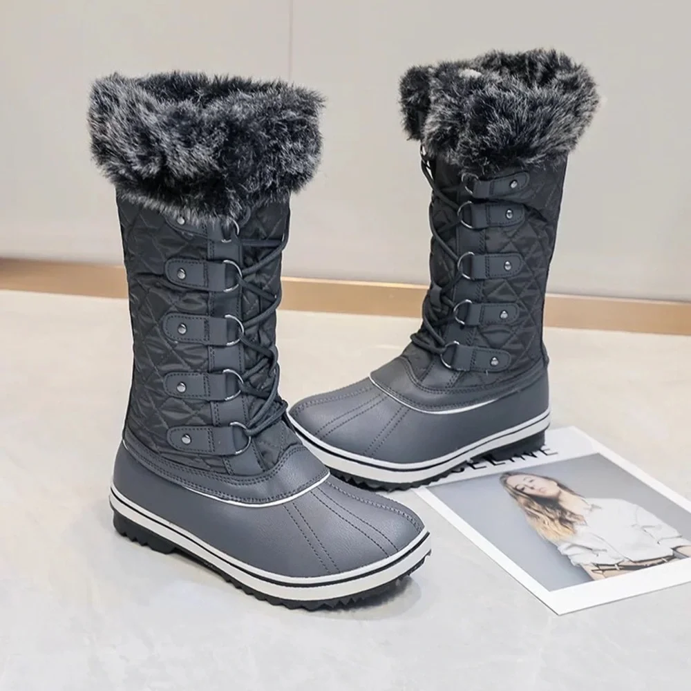 Womens Black Snow Boots Faux Fur Lined Lace Tie Thick Warm Heavyweight - Picture 7 of 9